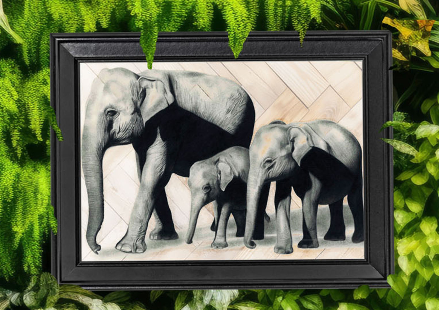Emily Hinchcliffe - 'Elephant Family' Wooden Parquet Wall Art