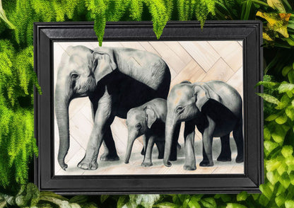 Emily Hinchcliffe - 'Elephant Family' Wooden Parquet Wall Art